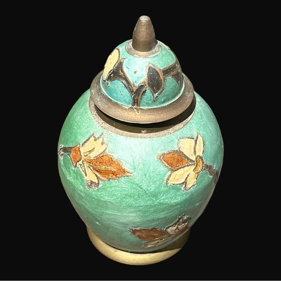 🌻VINTAGE Teal Floral Brass Urn with Lid || Home Decor  || Made In India - Picture 7 of 12